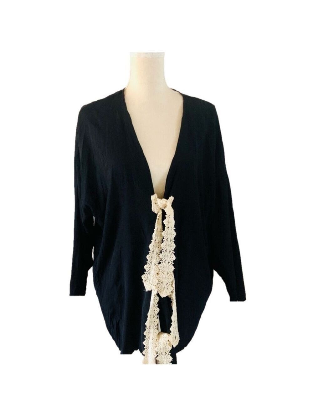 Vintage 90’s Black Kimono Jacket with Cream Lace  (one size up to XL) Lew Magram
